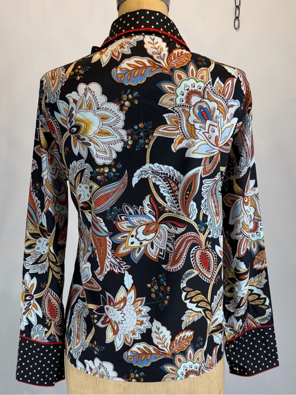 VINTAGE 80s bow blouse polka dot floral flower mix print tie belt paisley bold - Picture 5 of 9